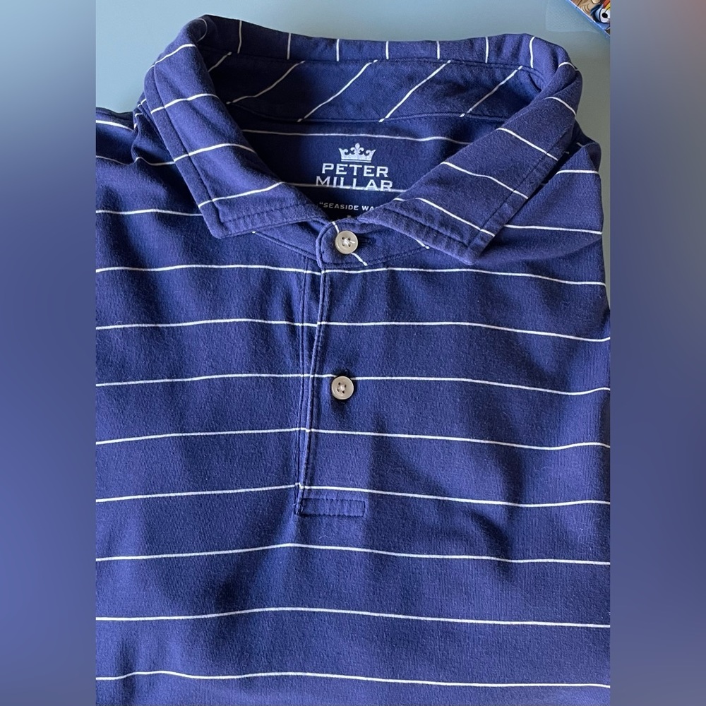 Peter Millar Seaside Wash Blue/White Striped Golf‎ Polo. Men’s Large. Cotton.